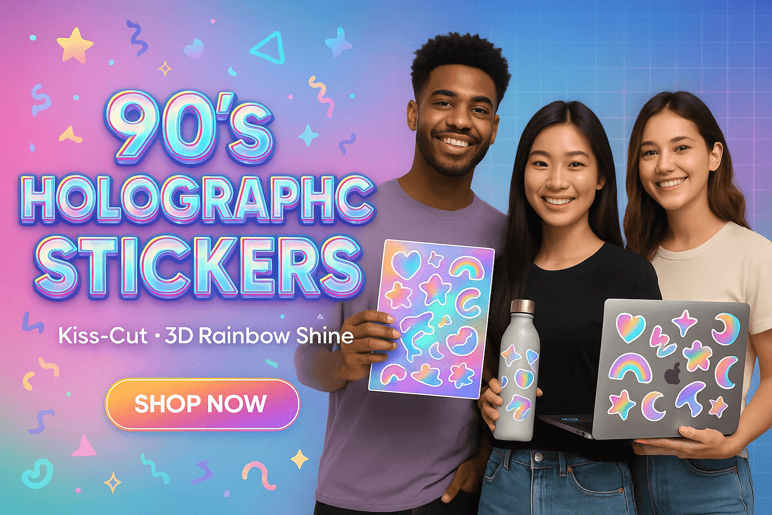90's Holographic Stickers | Kiss-Cut 3D Rainbow Shine