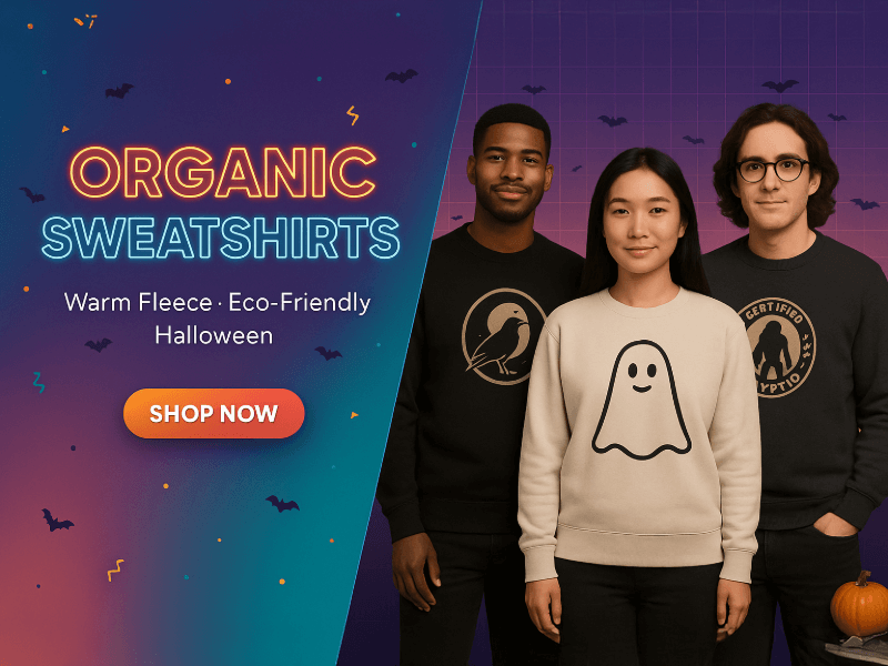 Models wearing organic Halloween sweatshirts—ghost, raven, cryptid prints—on a purple grid backdrop with neon headline.