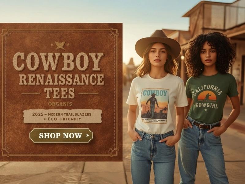 Cowboy Renaissance T-shirts banner – rustic saddle, folded organic tees, bold 3-D text “Saddle Up in Style” for modern trailblazers.