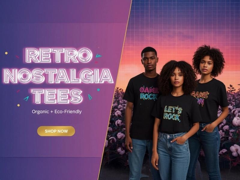 Three people wearing vibrant 90s-style oversized t-shirts with cassette tape designs in bright colors (pink, blue, purple, and yellow). They're sitting against a colorful background with cass