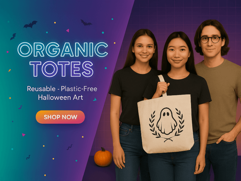 Models holding organic cotton Halloween tote with ghost emblem—purple grid backdrop, neon headline.