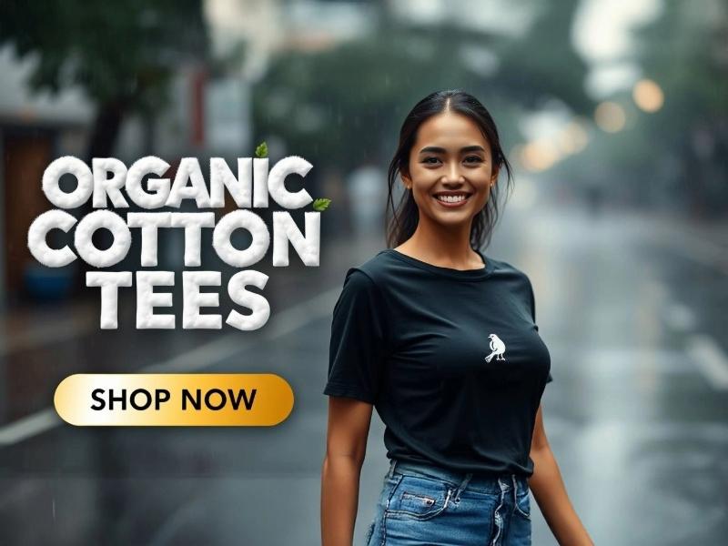 Premium organic cotton T-shirts banner – GOTS-certified, ethically made tees on wood background with 3-D text and free-shipping offer.