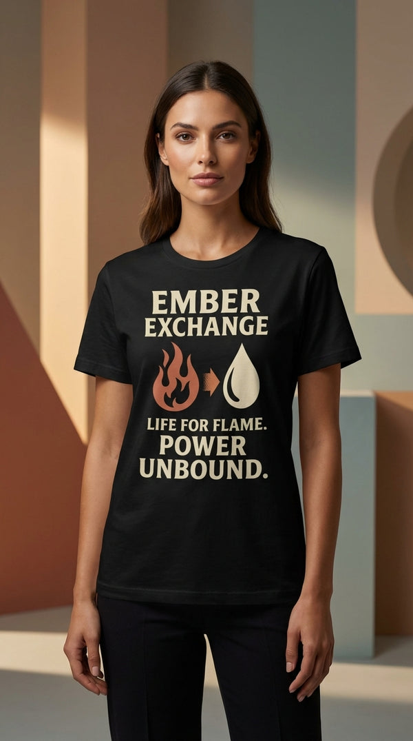 Ember Exchange Flame Power Organic T-Shirt - Female Model in Abstract Geo - Mana Color Aesthetic