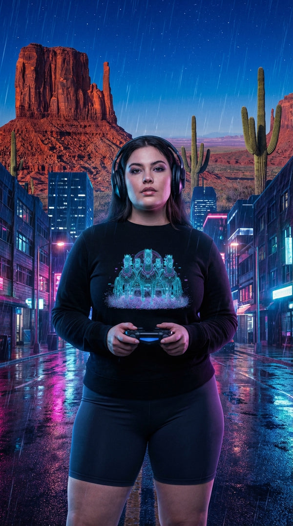 Neon Spirit Horses Organic Cotton Sweatshirt - Cosmic Western - Cyberpunk Plus in Desert Canyon - Eco-Aesthetic Lifestyle