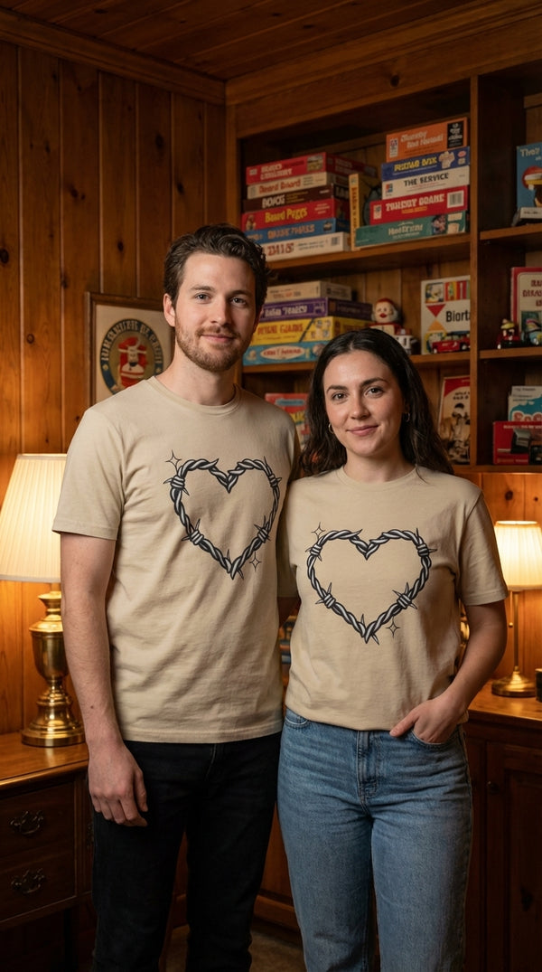 Heart of Barbed Wire Organic Cotton T-Shirt - Couple / Duo in Cozy Game Den - 90s Grunge Revival