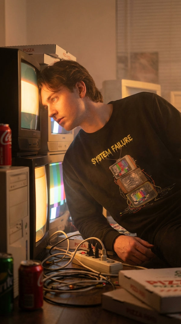 System Failure Glitch Art Organic Cotton Sweatshirt - 90s Retro Hacker in 90s LAN Party - 90s Retro Sustainable