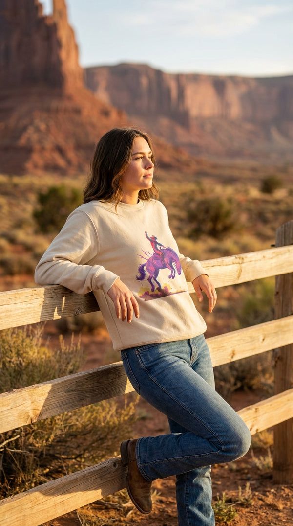 Electric Bronco Organic Cotton Sweatshirt - Cowgirl Model in Desert Canyon - Eco-Aesthetic Lifestyle