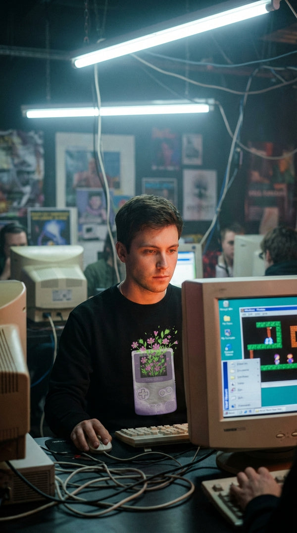 Retro Floral Gamer Organic Sweatshirt - Dial-Up Era in Internet Cafe - 90s Retro Sustainable