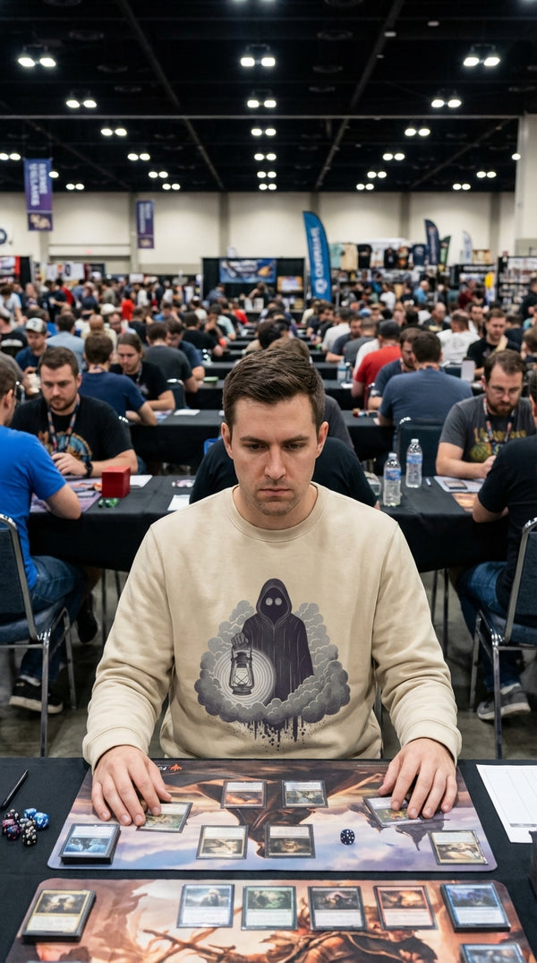 Hypnotic Reaper Organic Cotton Sweatshirt - CCG / Tabletop Gamer in Tournament Hall - Mana Color Aesthetic