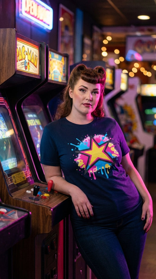 Graffiti Starburst Organic Cotton T-Shirt - Retro Plus Arcade in Neon Arcade Alley - 90s Grunge Revival
