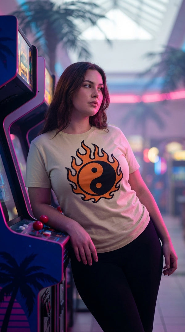 Flames of Yin Yang Organic Cotton T-Shirt - Retro Plus Arcade in 90s Mall Food Court - 90s Grunge Revival