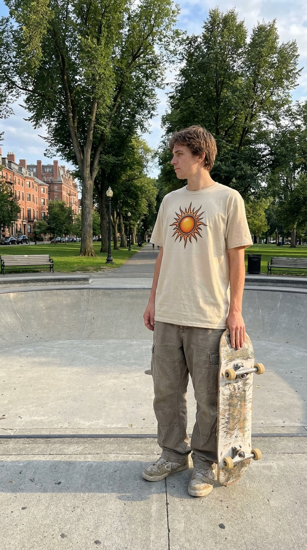 Tribal Sun Emblem Organic Cotton T-Shirt - Urban Skater in Boston Common - 90s Grunge Revival