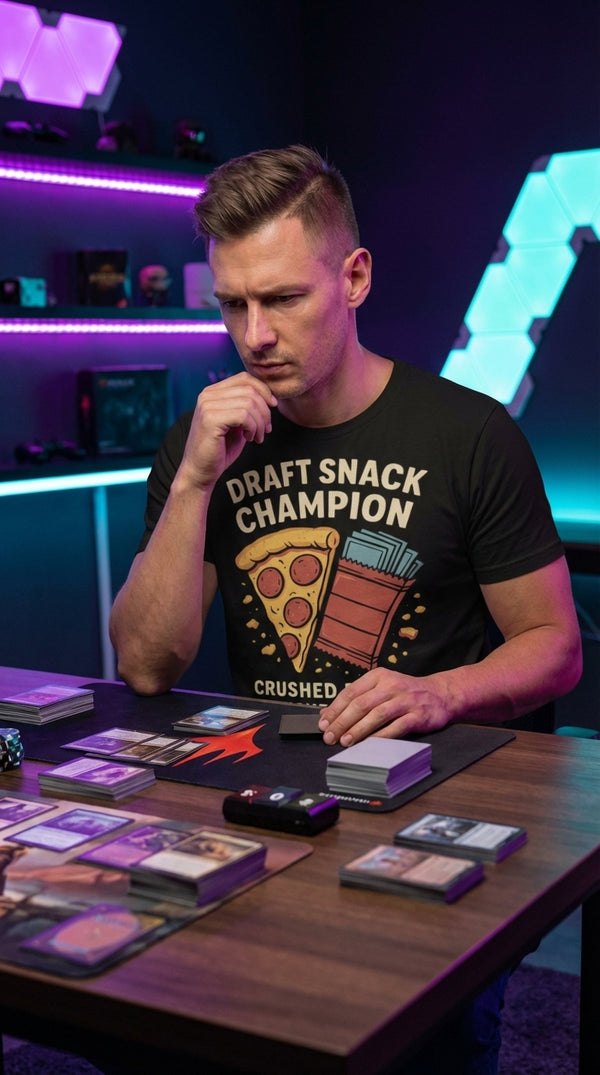 Draft Snack Champion Organic Cotton Tee - Tournament Grinder (CCG) in RGB Gaming Room - The Tournament Grinder