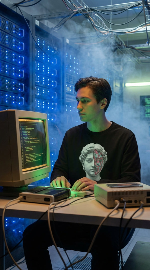 Cyberpunk Statue Organic Cotton Sweatshirt - 90s Retro Hacker in Cyberpunk Server Room - 90s Grunge Revival