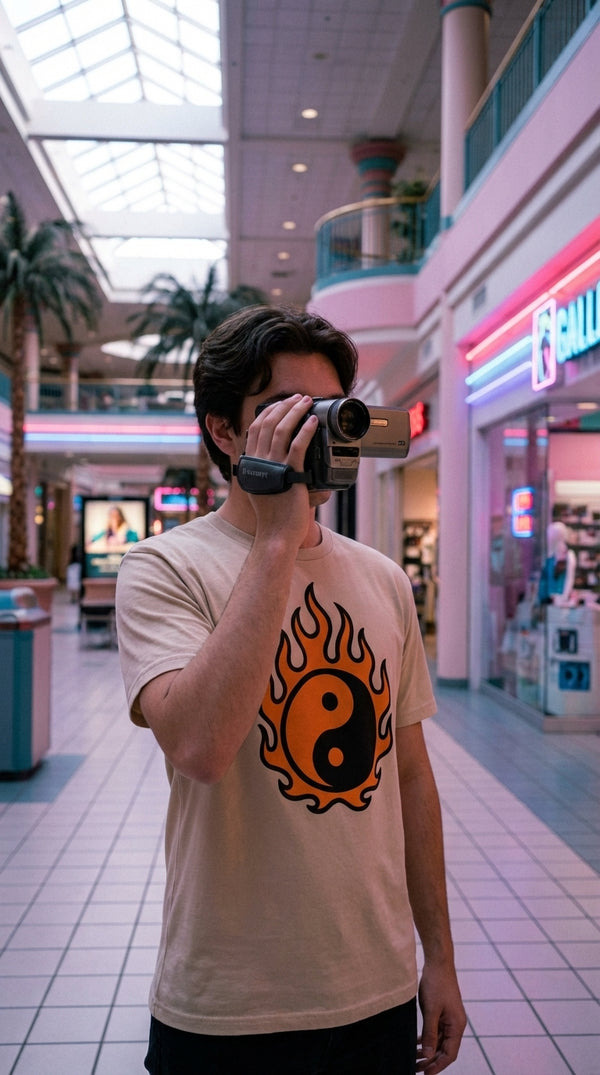 Flames of Yin Yang Organic Cotton T-Shirt - VHS Camcorder Operator in 90s Mall Food Court - 90s Grunge Revival