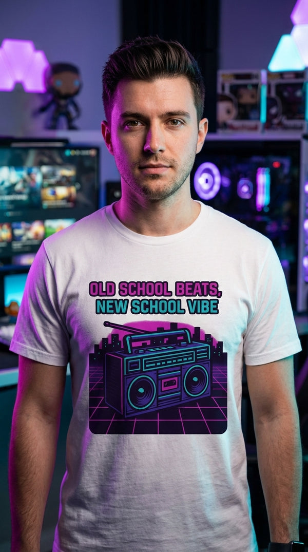 Old School Beats New School Vibe - Organic Cotton T-Shirt - Male Streamer in RGB Gaming Room - Cinematic Showcase