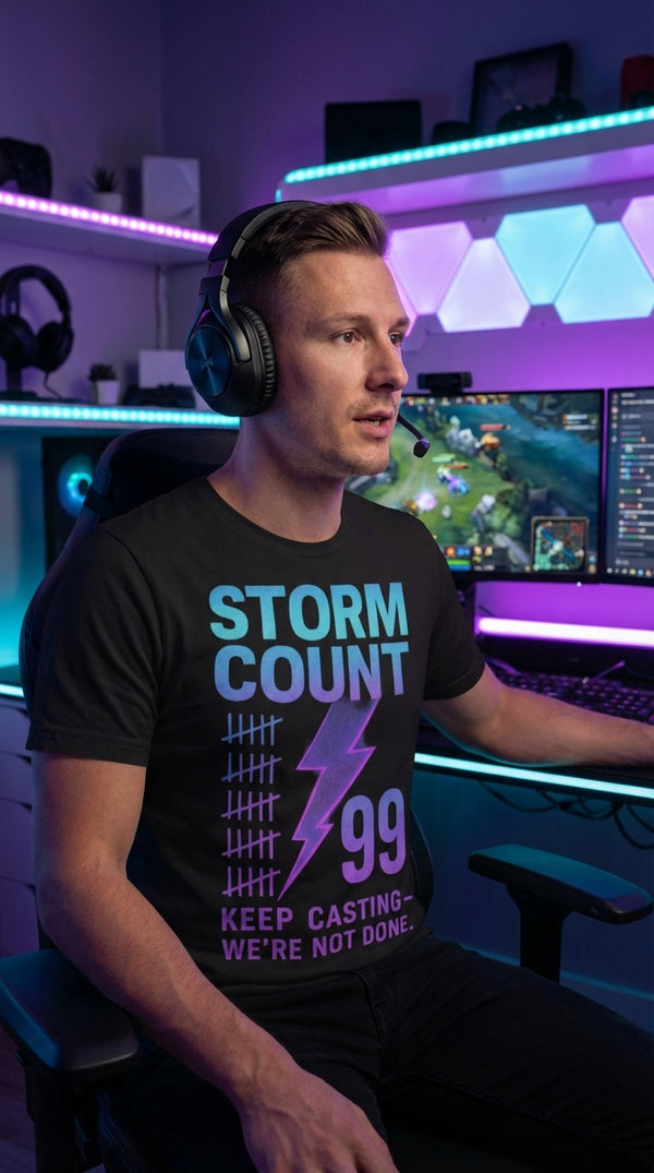 Storm Count 99 Organic Unisex T-Shirt - Male Streamer in RGB Gaming Room - Mana Color Aesthetic