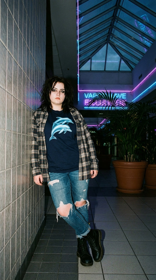 Chrome Dolphins Organic Cotton T-Shirt - 90s Mall Goth in 90s Mall Food Court - 90s Grunge Revival