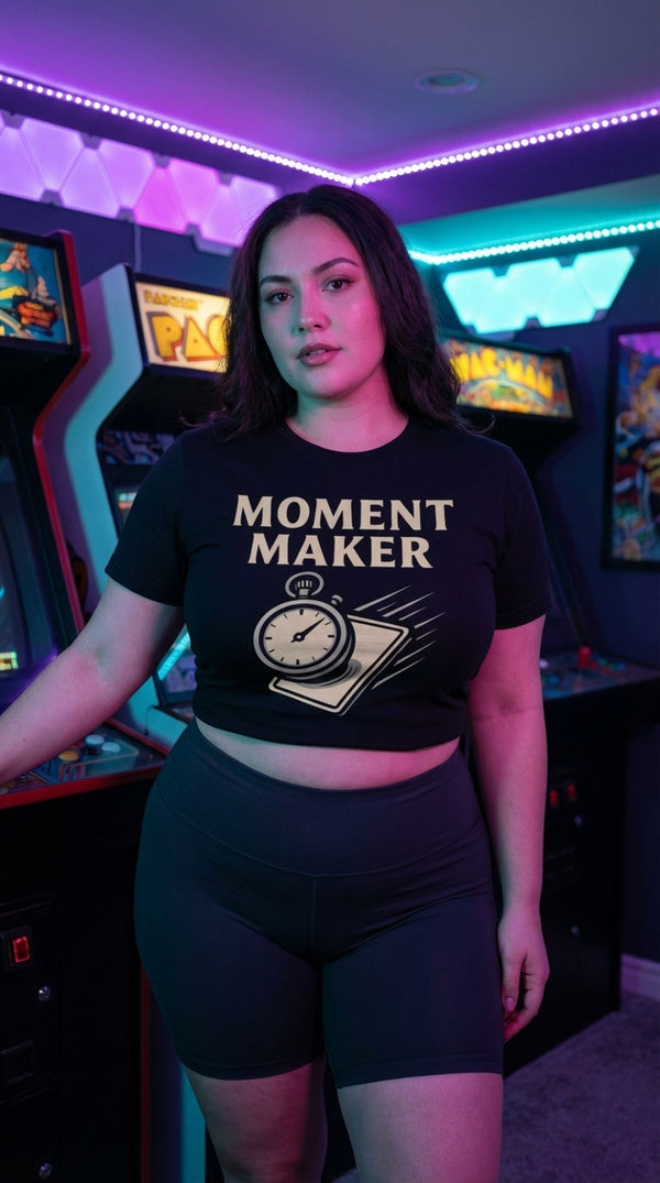 Organic Cotton T-Shirt Unisex - Moment Maker Tee - Retro Plus Arcade in RGB Gaming Room - The LGS 'Equippable'