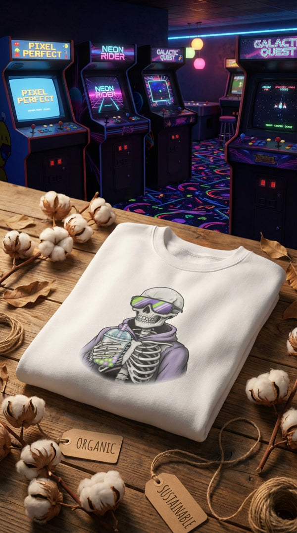 Boba Skeleton Organic Crewneck - Sustainable Y2K Streetwear - GOTS Certification Hero in Neon Arcade Alley - 90s Retro Sustainable