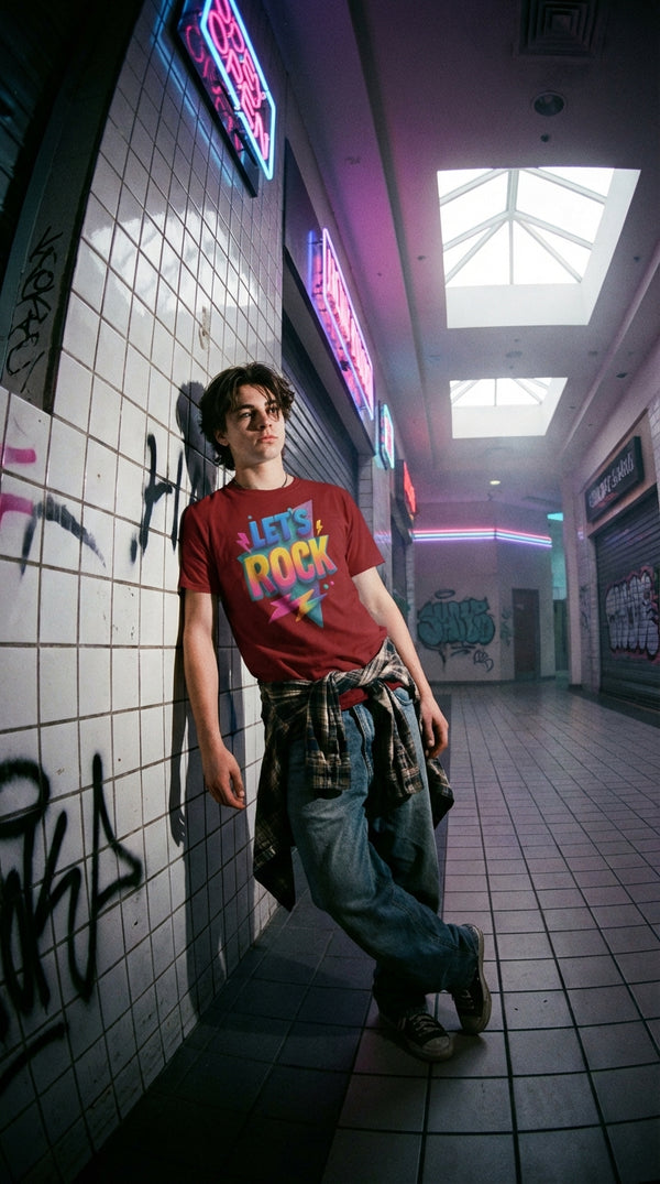 Organic Cotton 'Let's Rock' Tee - 90s Mall Goth in 90s Mall Food Court - 90s Retro Sustainable