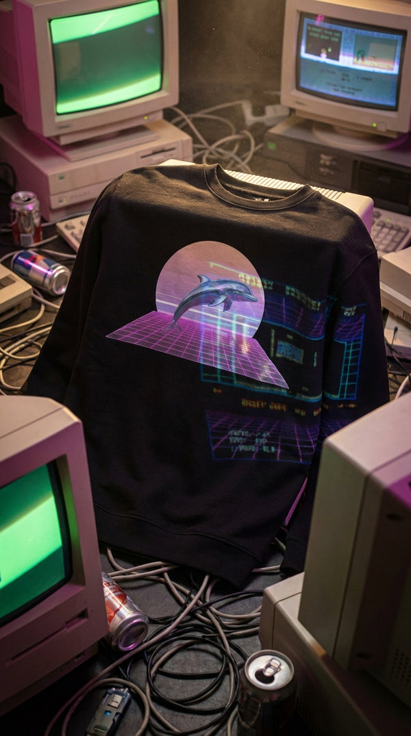 Vaporwave Dolphin Organic Sweatshirt - Product Focus in 90s LAN Party - 90s Grunge Revival
