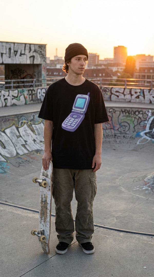 Retro Purple Flip Phone Organic Cotton T-Shirt - Urban Skater in Rooftop Skatepark - 90s Grunge Revival