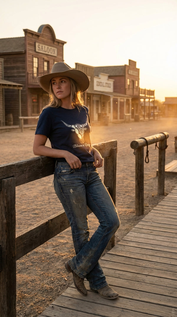 Floral Longhorn Skull Shirt - Bloom Range - Cowgirl Model in Western Town - Eco-Aesthetic Lifestyle