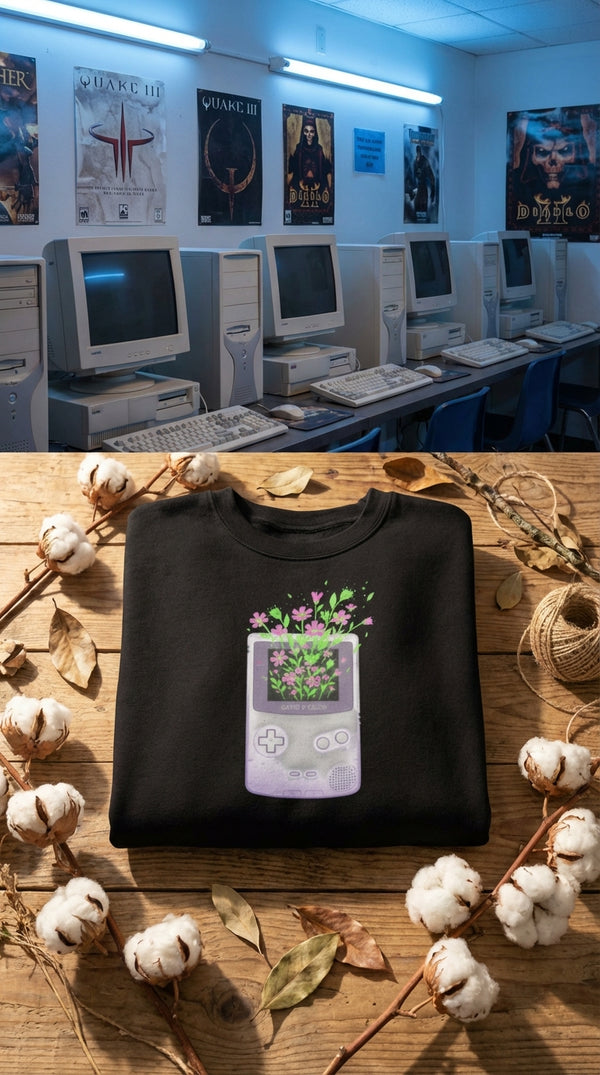 Retro Floral Gamer Organic Sweatshirt - GOTS Certification Hero in Internet Cafe - 90s Retro Sustainable