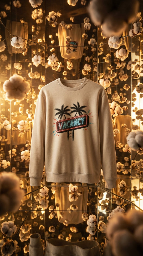Vacancy Neon Sign Organic Crewneck - Retro Motel Style - GOTS Certification Hero in Mirror Infinity - 90s Retro Sustainable