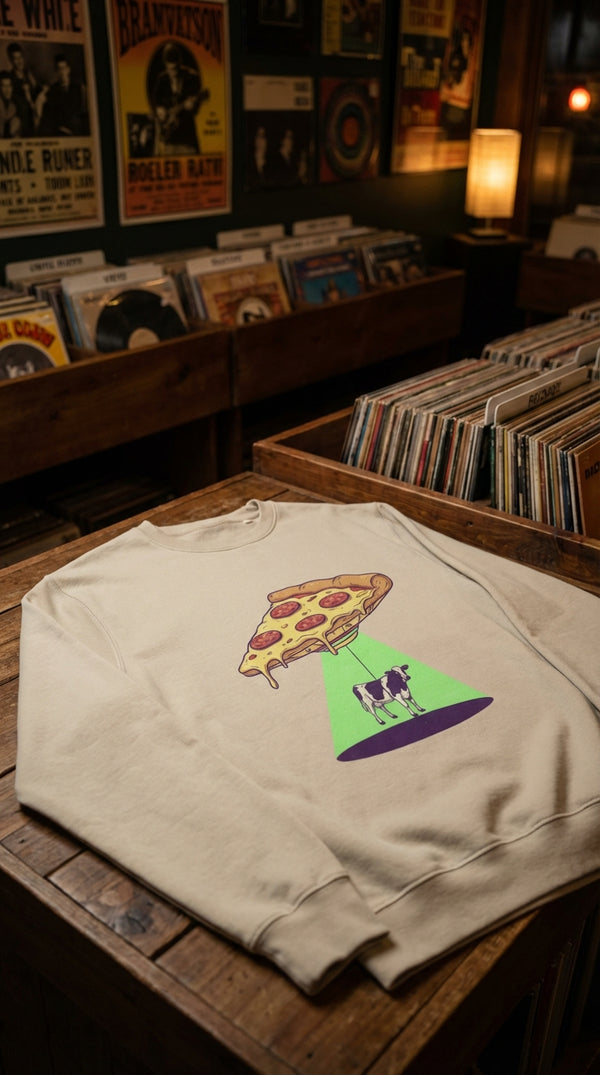 Pizza UFO Cow Abduction Organic Crewneck Sweatshirt - Product Focus in Vintage Record Store - 90s Grunge Revival