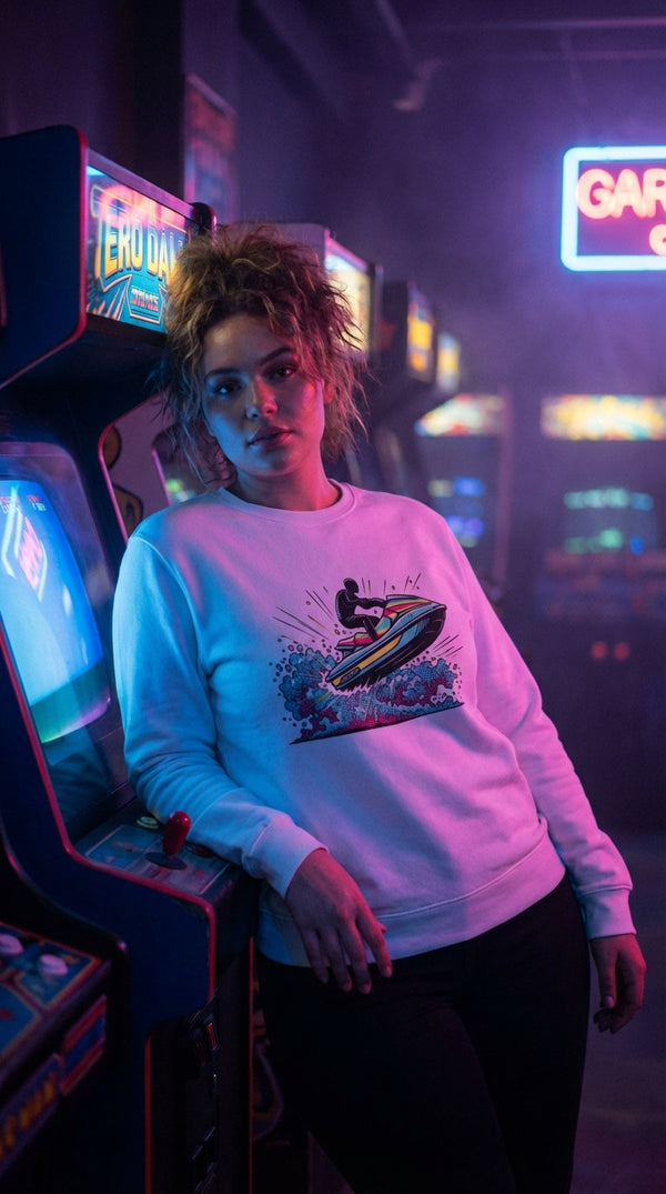 Retro Comic Jet Ski Organic Cotton Sweatshirt - Retro Plus Arcade in Neon Arcade Alley - 90s Retro Sustainable