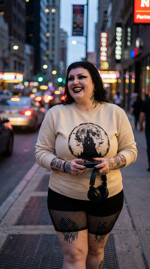 Gothic Castle Moon Organic Cotton Sweatshirt - Cozy Plus Gamer in Urban Street - Legendary Pull
