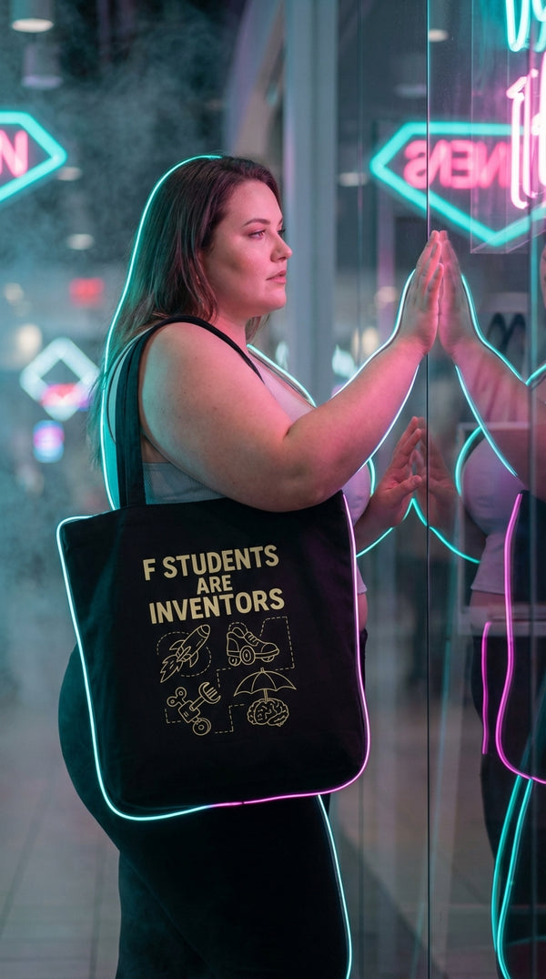 Organic Cotton Tote - 'Students Are Inventors' Chalkboard Edition - Cyberpunk Plus in 90s Mall Food Court - GenZ Ethical Hype