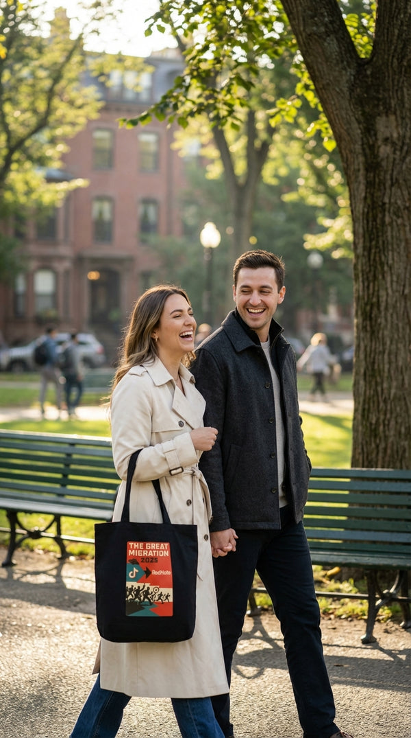 Organic Cotton Tote - Great Migration 2025 Exodus - Couple / Duo in Boston Common - 90s Retro Sustainable