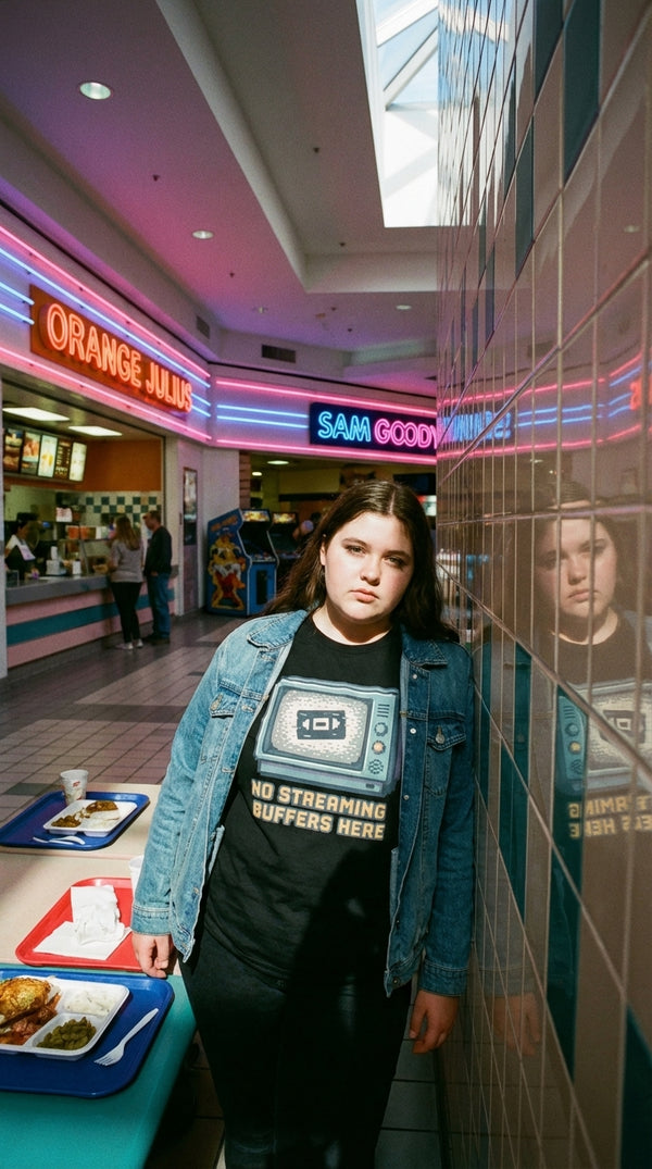 No Streaming Buffers Retro TV Organic Tee - 90s Mall Goth in 90s Mall Food Court - Cinematic Showcase