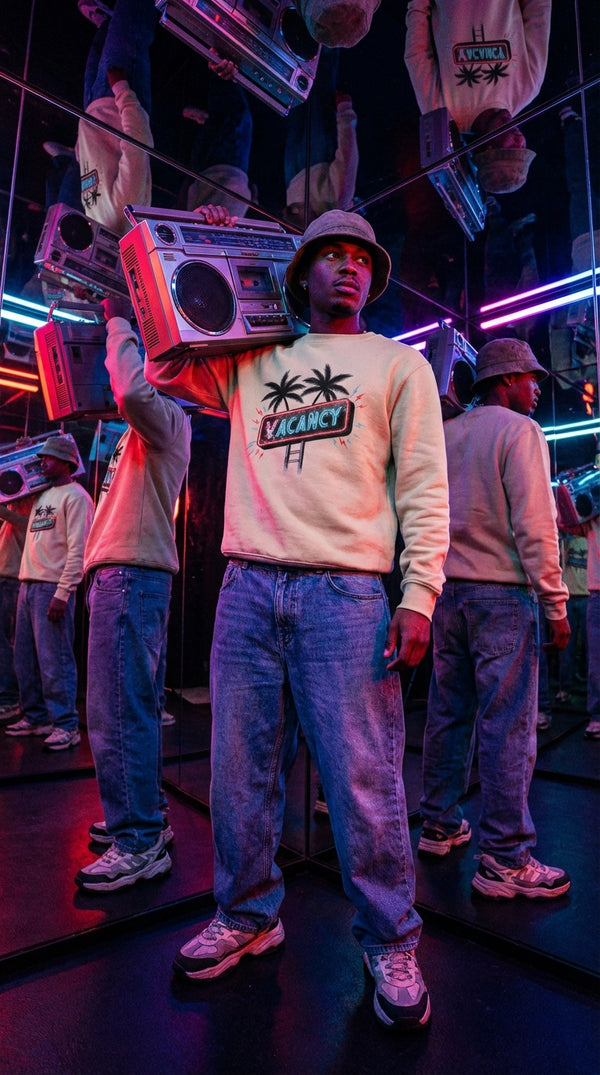 Vacancy Neon Sign Organic Crewneck - Retro Motel Style - Boombox Carrier in Mirror Infinity - 90s Retro Sustainable