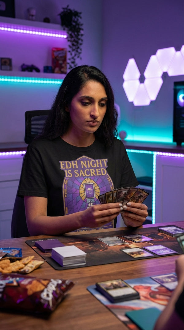 Sacred Game Night Stained Glass T-Shirt - CCG / Tabletop Gamer in RGB Gaming Room - Kitchen Table Legend