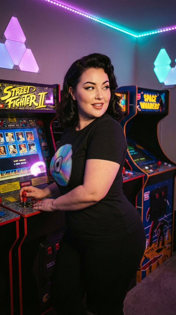 Retro Iridescent CD Graphic T-Shirt - Retro Plus Arcade in RGB Gaming Room - 90s Grunge Revival