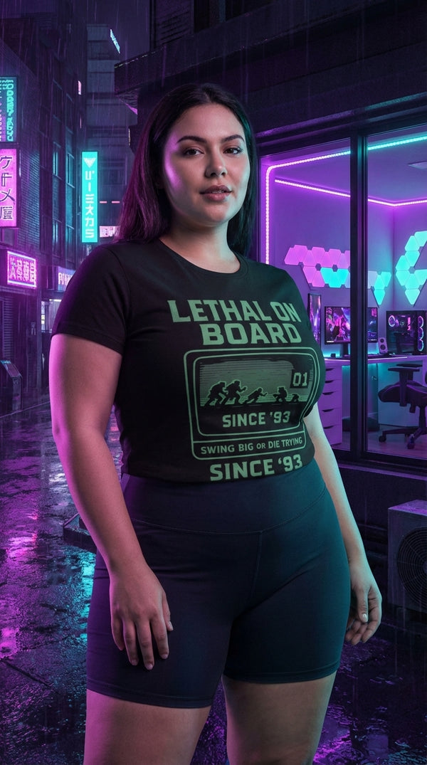 Lethal on Board Organic Cotton T-Shirt - Cyberpunk Plus in RGB Gaming Room - The Tournament Grinder