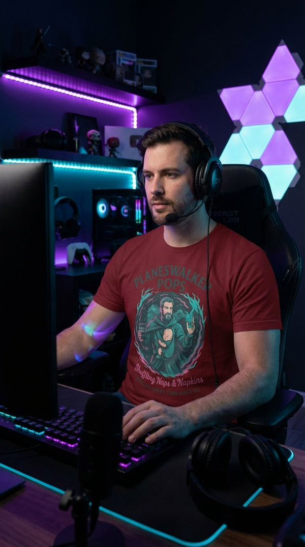 Planeswalker Pops Organic Tee - Male Streamer in RGB Gaming Room - Kitchen Table Legend