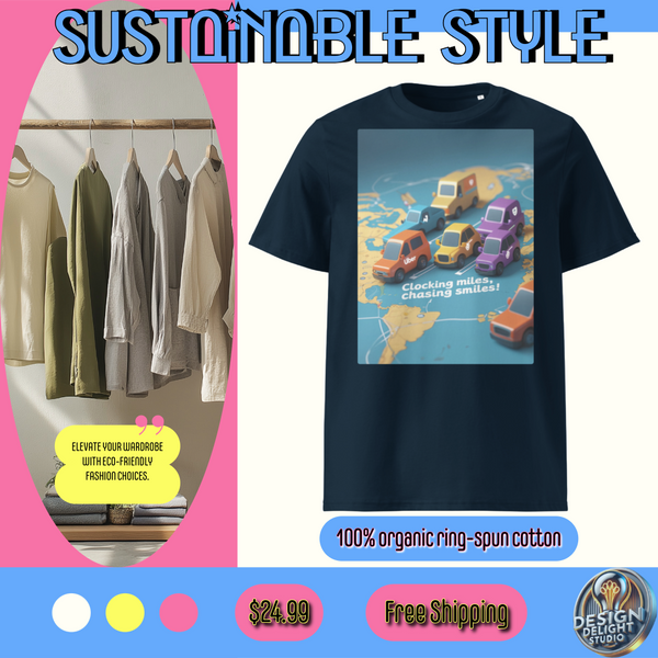 Organic cotton t-shirt – ‘Clocking Miles, Chasing Smiles’ fun road trip design. Perfect for truckers, travelers & adventure lovers. Soft, eco-friendly fabric!