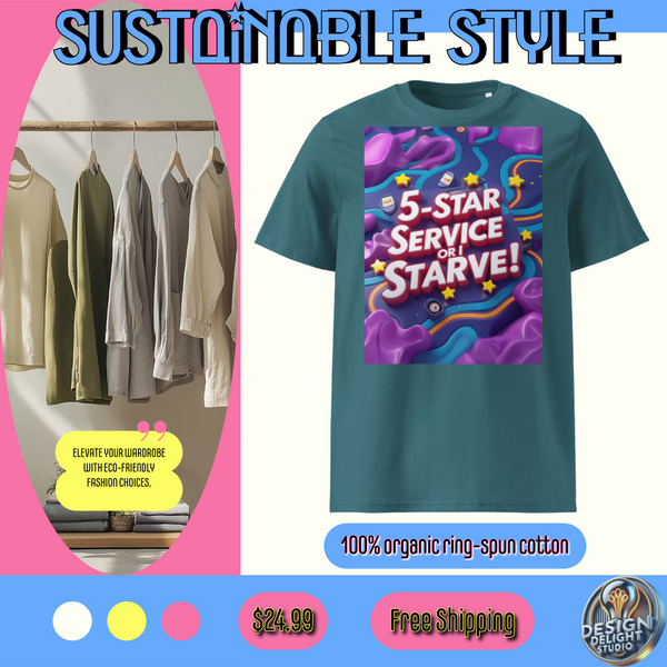 Organic cotton t-shirt – ‘5-Star Service or Starve!’ bold gig economy satire design. Soft, eco-friendly & perfect for delivery drivers, freelancers & service workers!