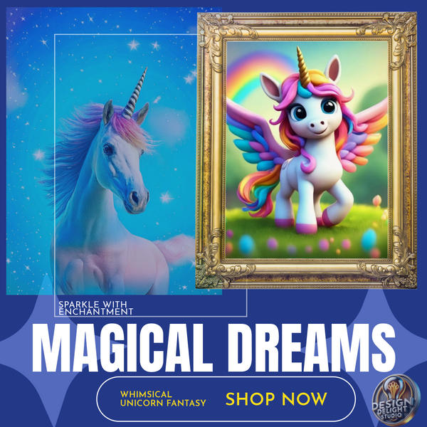 Magical Dreams unicorn fantasy artwork featuring an adorable winged unicorn with a rainbow mane, framed in an ornate gold border. Set in a lush, enchanted meadow with glowing accents. Perfect for kids' rooms, fantasy lovers, and unicorn-themed decor. Shop now at Design Delight Studio.