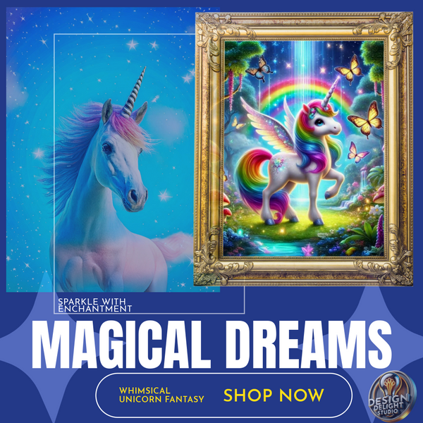A stunning framed poster featuring a magical rainbow unicorn in an enchanted forest. The unicorn has colorful wings, a glowing horn, and is surrounded by butterflies, flowers, and a cascading waterfall. This fantasy-themed wall art is perfect for unicorn lovers and whimsical home decor enthusiasts.
