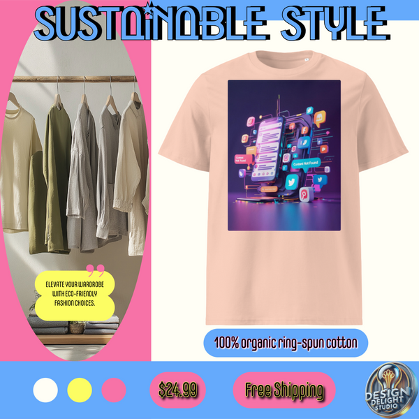 Organic cotton t-shirt – ‘Social Media Overload’ digital burnout design. Futuristic, eco-friendly, and perfect for creators & influencers. Free shipping!