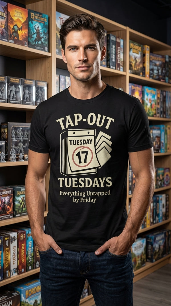 Tap Out Tuesdays Organic Cotton Unisex T-Shirt - Male Model in Local Game Store - The Tournament Grinder