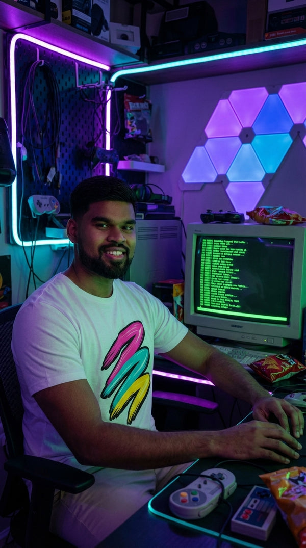 Vibrant Neon Brushstroke Layers T-Shirt - 90s Retro Hacker in RGB Gaming Room - 90s Grunge Revival