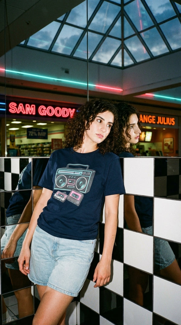 Retro Boombox Cassette Organic Cotton T-Shirt - 90s Mall Goth in 90s Mall Food Court - 90s Grunge Revival