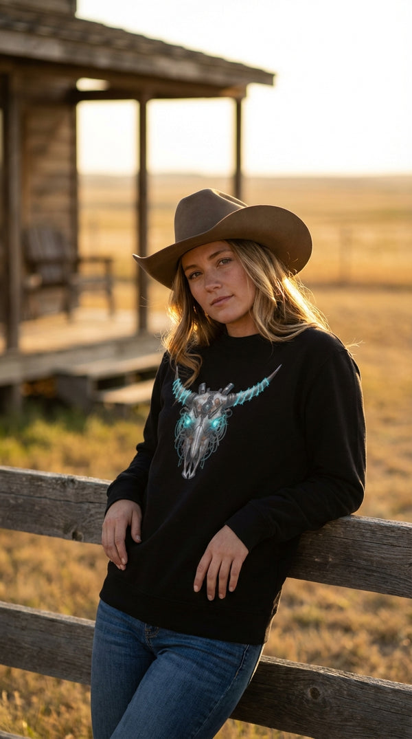 Cyber Bull Skull Organic Cotton Sweatshirt - Cowgirl Model in Ranch Porch - Eco-Aesthetic Lifestyle